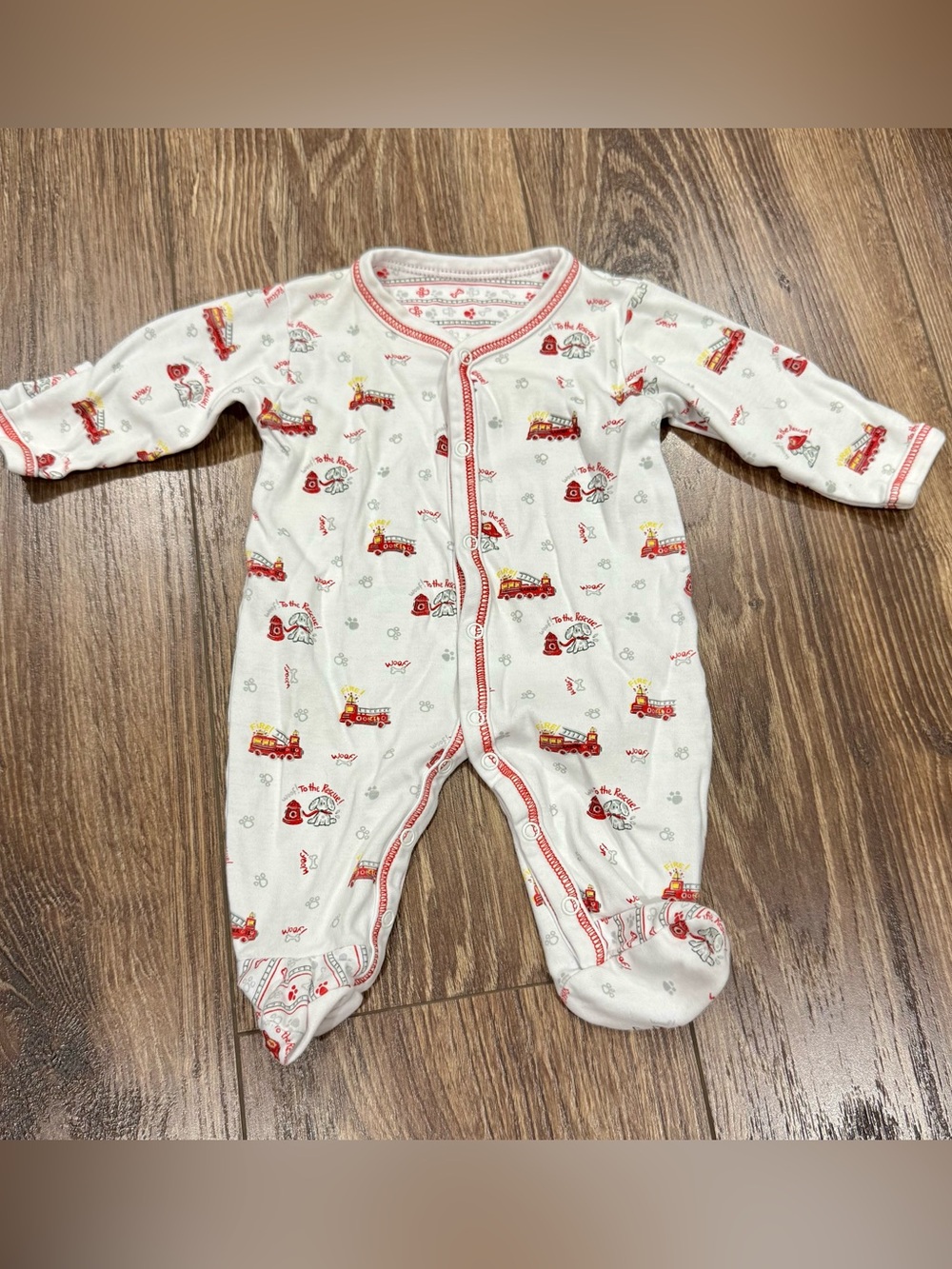 Kissy Kissy White Footed One-Piece with Red Firetruck Print